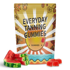 Hero image: Daily Tanning Gummies bottle with watermelon-flavored chews