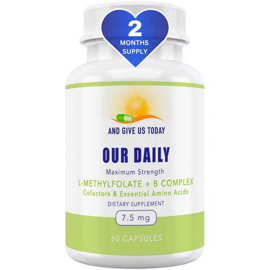 Bottle of Our Daily Vites L-Methylfolate B Complex Co-factors & Essential Amino Acids
