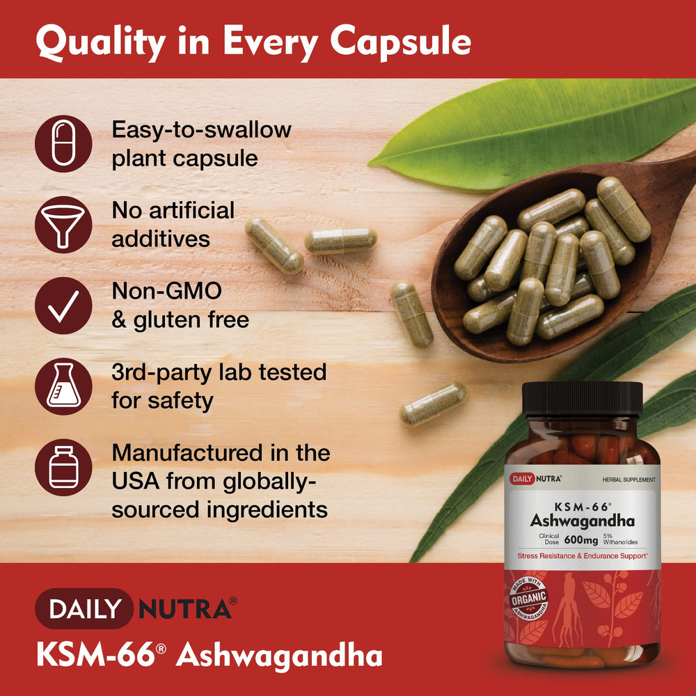 DailyNutra KSM-66 Ashwaganda bottle on a white surface for daily routine