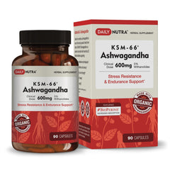 Product hero image showing DailyNutra KSM-66 Ashwagandha 600mg Organic Root Extract bottle.