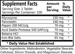 Digestine ingredients listing: Mycozyme, Pancreatin, Papain, Acid Stable Protease, Betaine HCl, Iron Bile Salts
