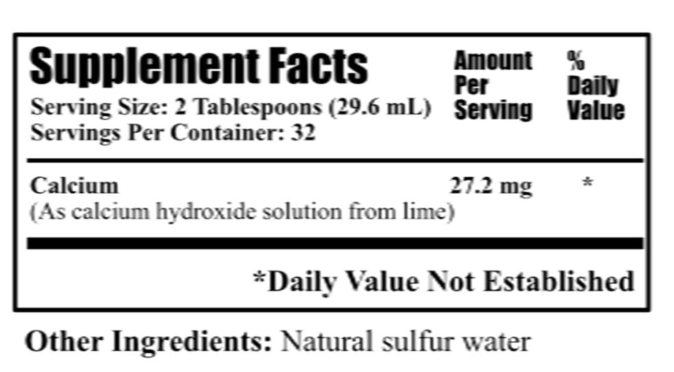 Product label close-up showing saturated calcium hydroxide in sulfur water