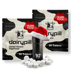 DairyPill lactase bottle pour showing portable enzyme support for meals