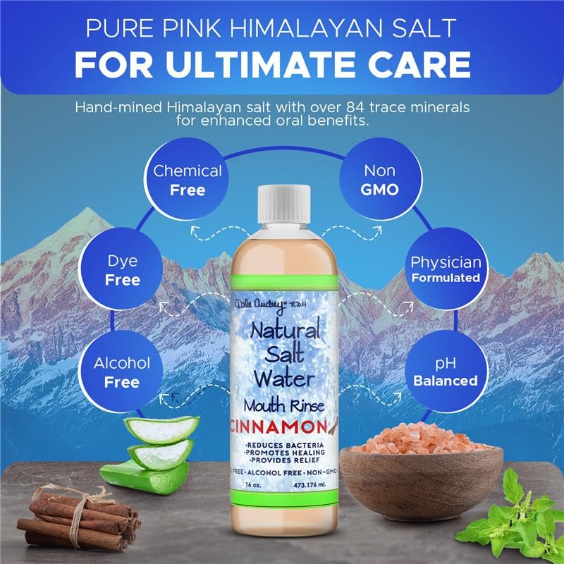 Pink Himalayan salt crystals beside the mouth rinse bottle