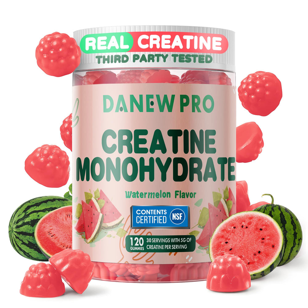 Bottle of DANEW Pro Creatine Monohydrate Gummies Watermelon flavor on a white background