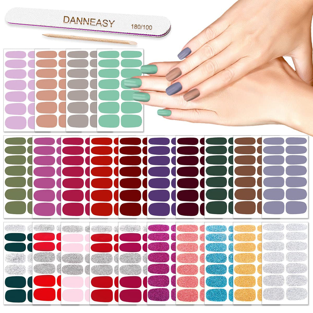 DANNEASY glitter nail strips packaging shows easy self-adhesive wraps for quick manicures.
