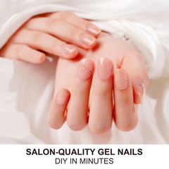DANNI & TONI Nude Semi-Cured Nail Strips close-up of translucent glitter glaze for chic nails.