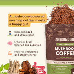 Brewed dark roast mushroom coffee with chocolate notes