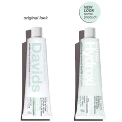 Back view of Davids Hydroxi Mild Mint toothpaste 4 oz tube showing label