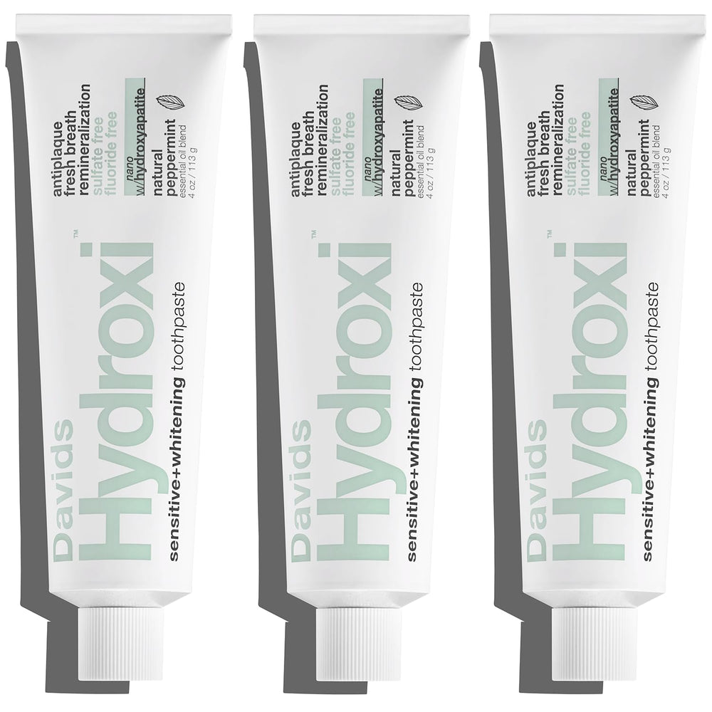 Front view of Davids Hydroxi toothpaste 3-pack