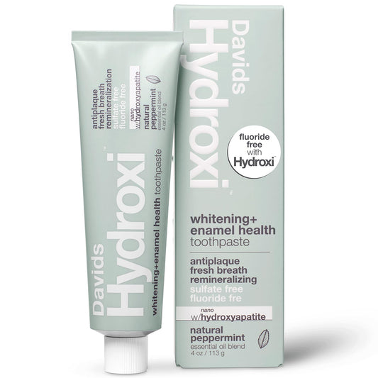 Front view of Davids Hydroxi toothpaste tube and outer box