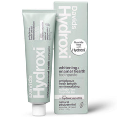 Front view of Davids Hydroxi toothpaste tube and outer box