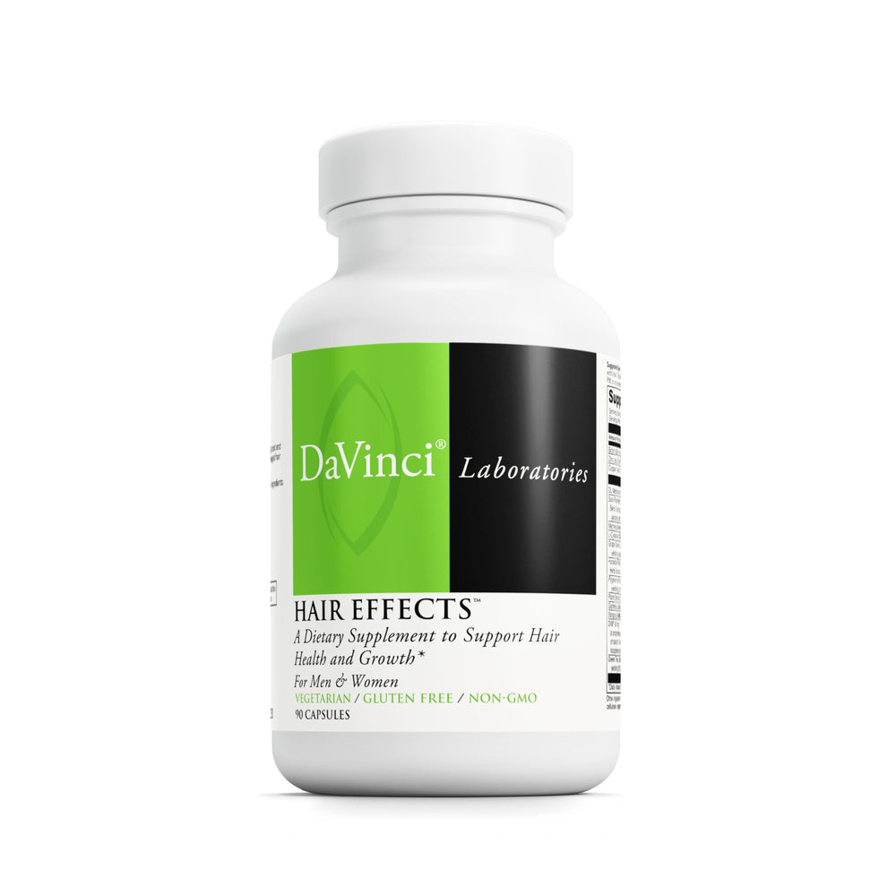DAVINCI Hair Effects bottle front view highlights gluten-free vegetarian capsules for hair support