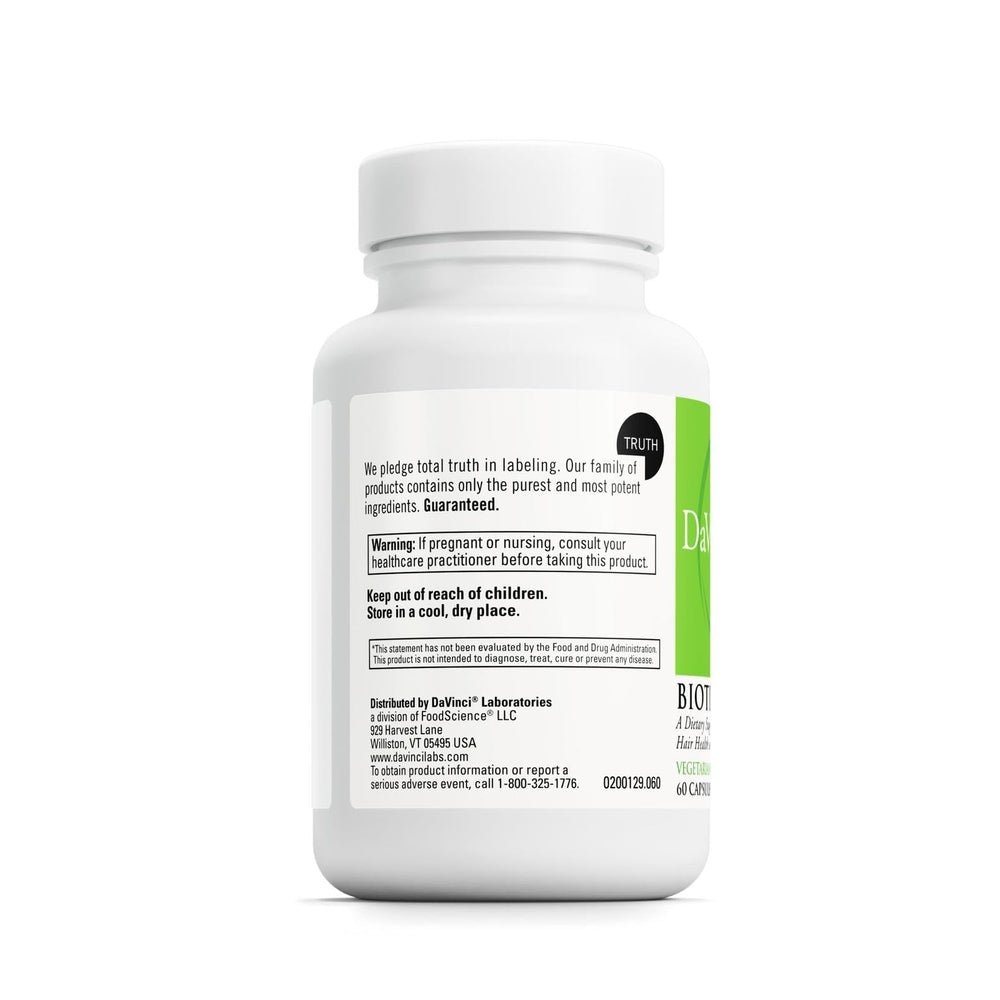 Nutrition facts panel for DAVINCI Labs Biotin
