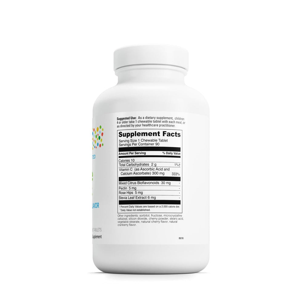 Close-up of cherry-flavored chewable vitamin C tablets for children