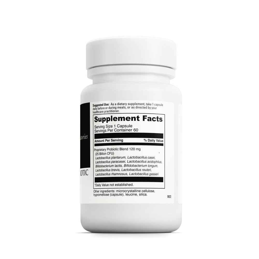 Probiotic capsules arranged next to the bottle