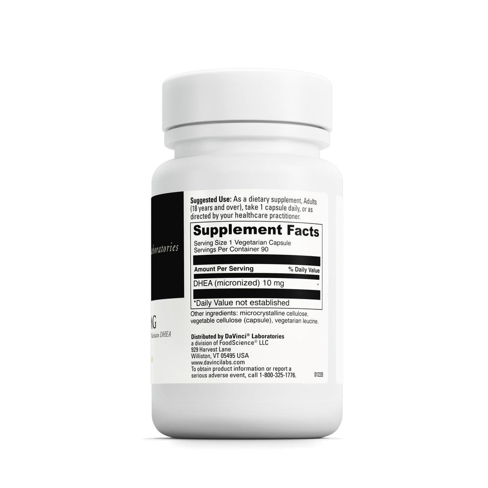 Back label with supplement facts for DAVINCI Labs DHEA 10mg