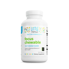 Front of bottle showing DAVINCI Labs Focus Chewable orange flavor 90 tablets