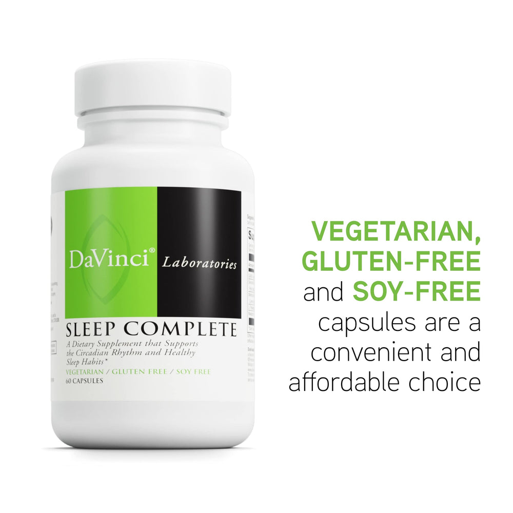 Sleep Complete bottle showing gluten-free and vegetarian capsules