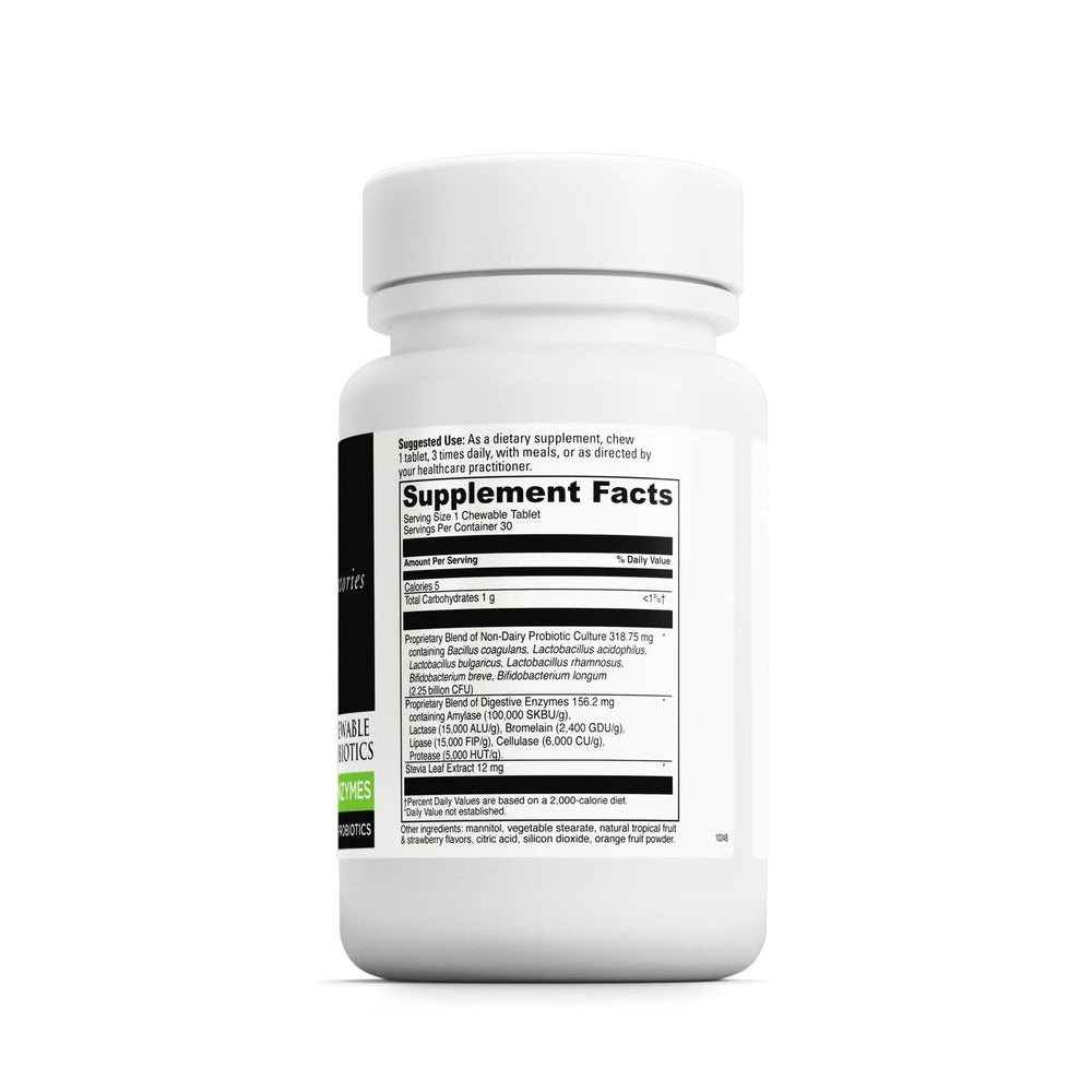 Bottle and label with probiotic chewable tablets