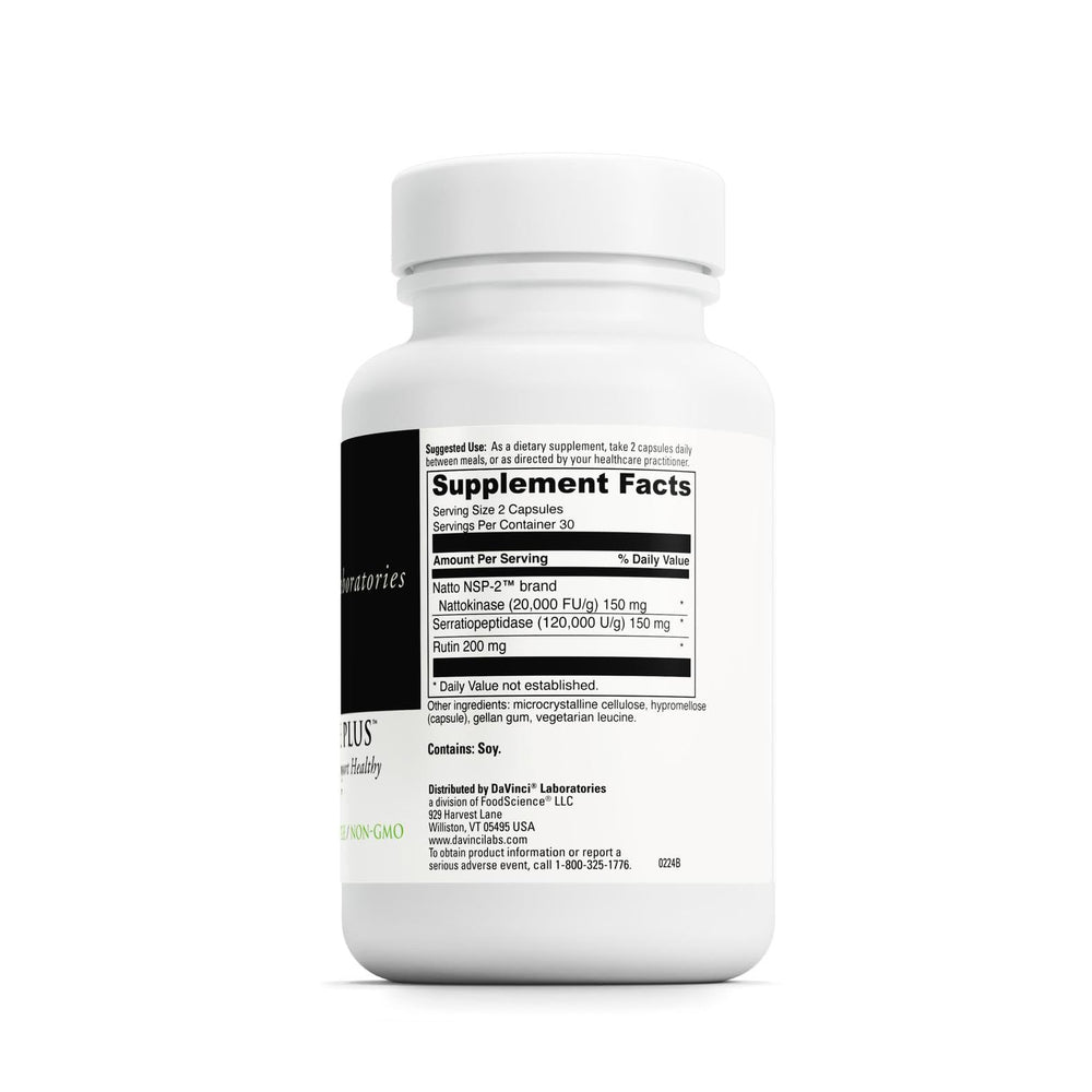 DAVINCI Nattokinase Plus capsules on a clean surface, showing vegetarian, gluten-free supplement.
