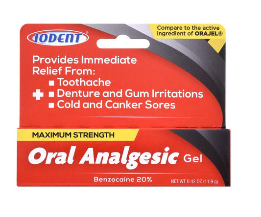 Front view of DDI Iodent Oral Analgesic Gel bottle, max strength, 0.42 oz