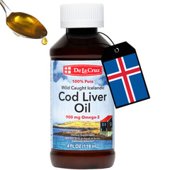 Bottle of De La Cruz Cod Liver Oil Liquid with 4 oz packaging