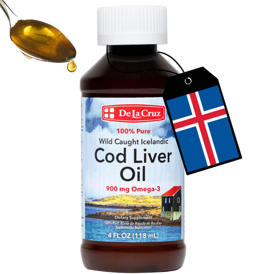 Front view of De La Cruz Cod Liver Oil Liquid bottle - 4 oz