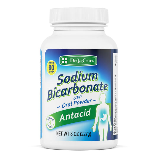 De La Cruz pure sodium bicarbonate powder 8oz bottle shows reliable baking and relief.