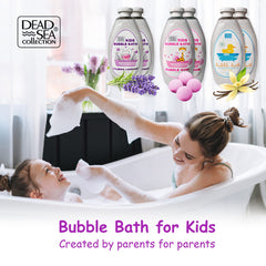 Close-up of the lavender-scented bubble bath bottle
