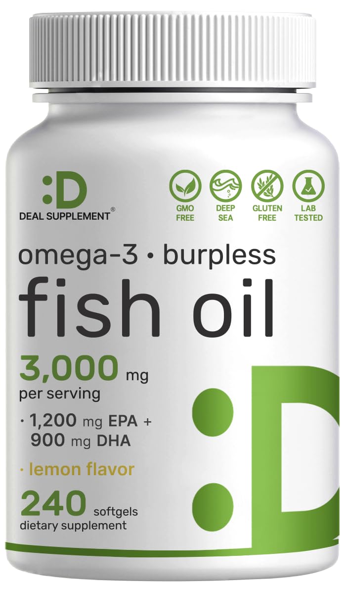 Deal Supplement Omega 3 Fish Oil Lemon Burpless Softgels packaging