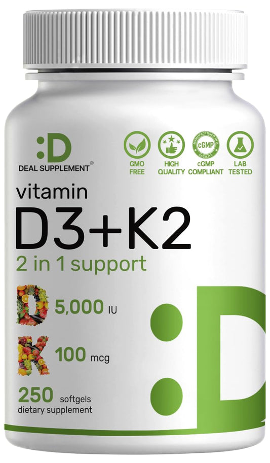 DEAL SUPPLEMENT Vitamin D3 5000 IU plus K2 MK7 softgels bottle front