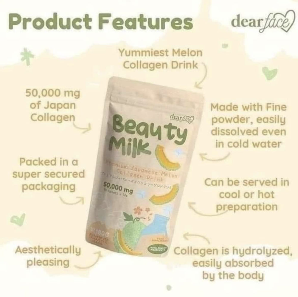 Close-up of Dear Face Beauty Milk Japanese Collagen sachet label