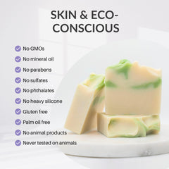 Vegan and cruelty-free branding shown on packaging and bar.