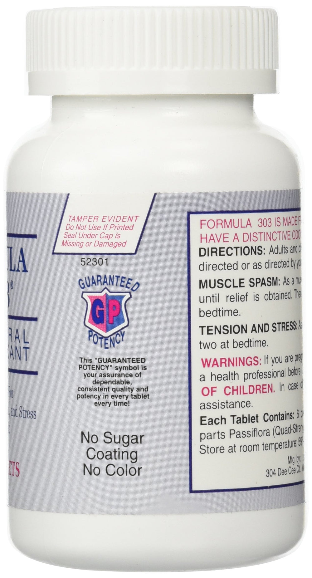 Dee Cee Laboratories Formula 303 bottle label with valerian and magnesium for calm evenings