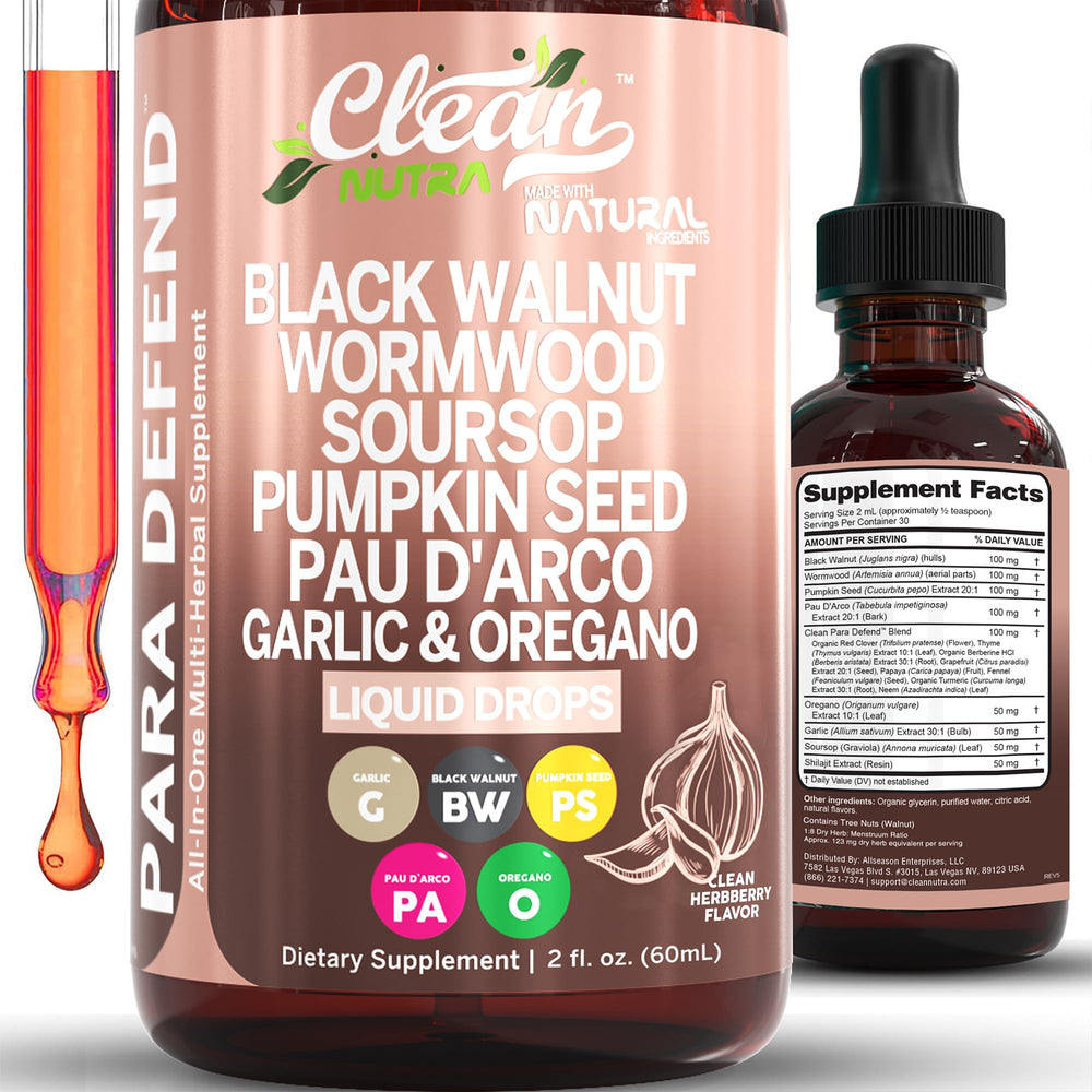 Bottle of Defend Wormwood & Black Walnut Cleanse Drops with dropper