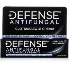 Defense Clotrimazole antifungal cream bottle showing product