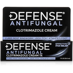 Defense Clotrimazole antifungal cream bottle showing product