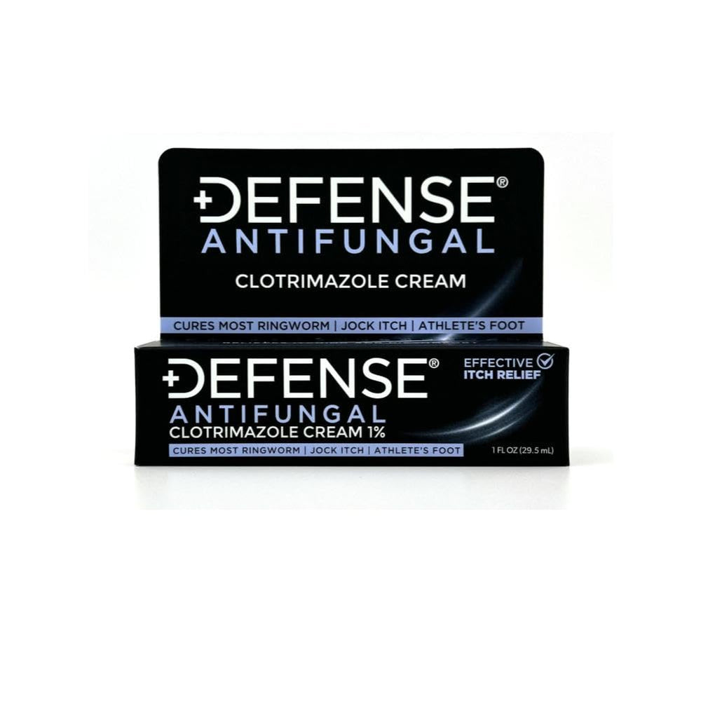 Defense Clotrimazole cream label highlighting 1% active ingredient
