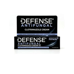 Defense Clotrimazole cream label highlighting 1% active ingredient