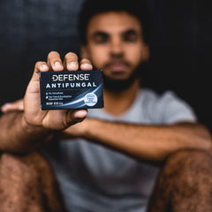 Defense Soap antifungal bar wellness routine scene suggests ongoing skin health after workouts