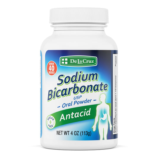 De La Cruz pure sodium bicarbonate powder in a jar for baking and acid neutralization.