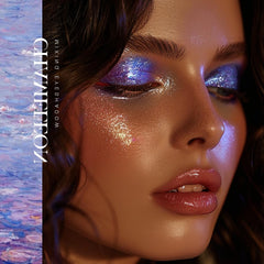DE'LANCI purple blue duochrome close-up highlights glittery shimmer and smooth texture.