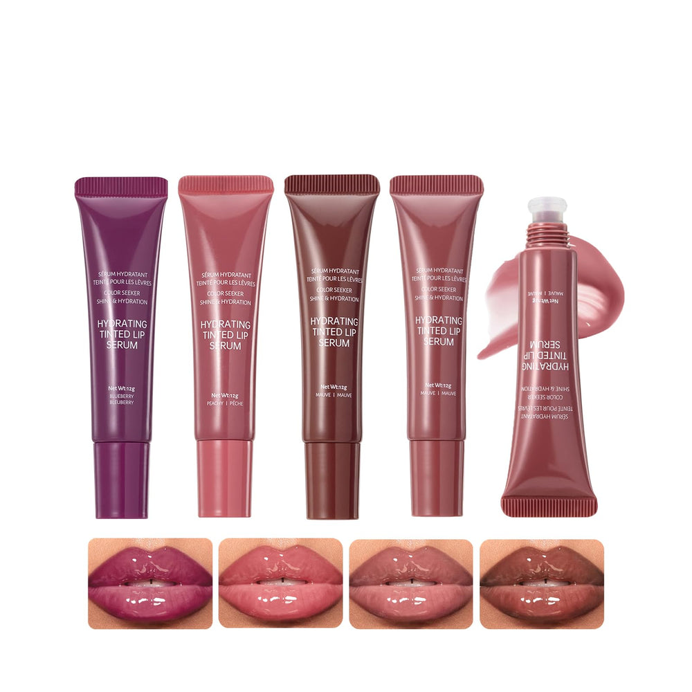 DENESTUP lip gloss swatches show hydrating nude shades for quick shade reference.