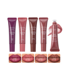 DENESTUP lip gloss swatches show hydrating nude shades for quick shade reference.