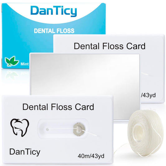 Credit card dental floss with built-in mirror front view