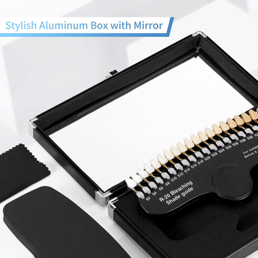 Portable dental shade chart with mirror in aluminum case