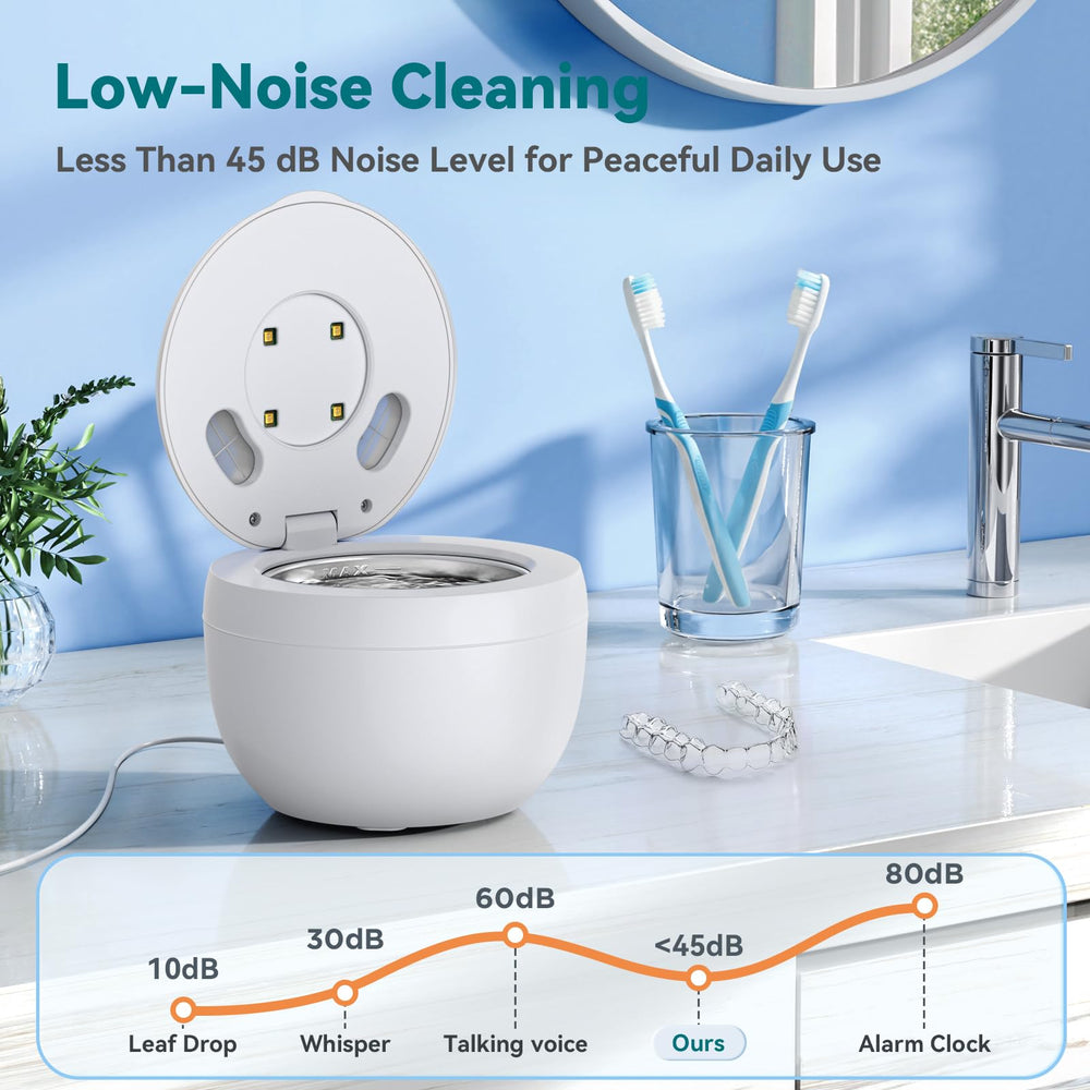 Product placed on bathroom counter with packaging and warranty icons