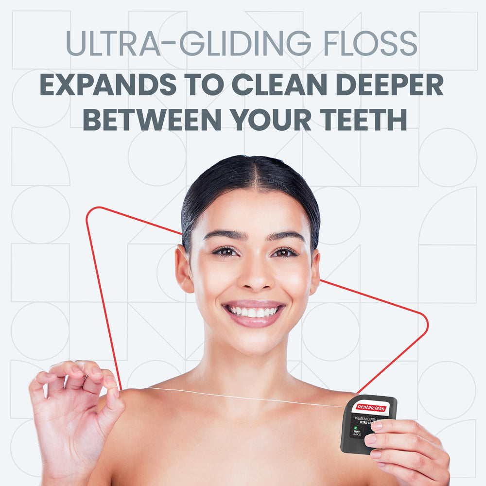 Close-up of mint floss between teeth during use