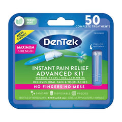 Close-up of kit contents showing benzocaine bottle, applicators, handle, and case